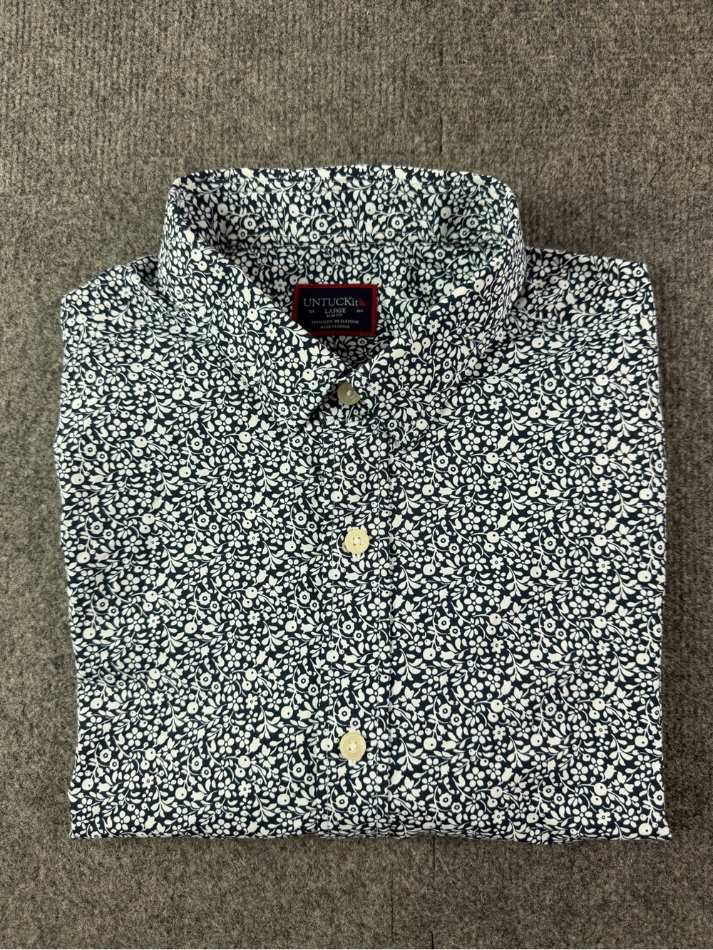 Untuckit Slim Fit Mens Nylon Blend Short Sleeve Floral Shirt Size L Black/White